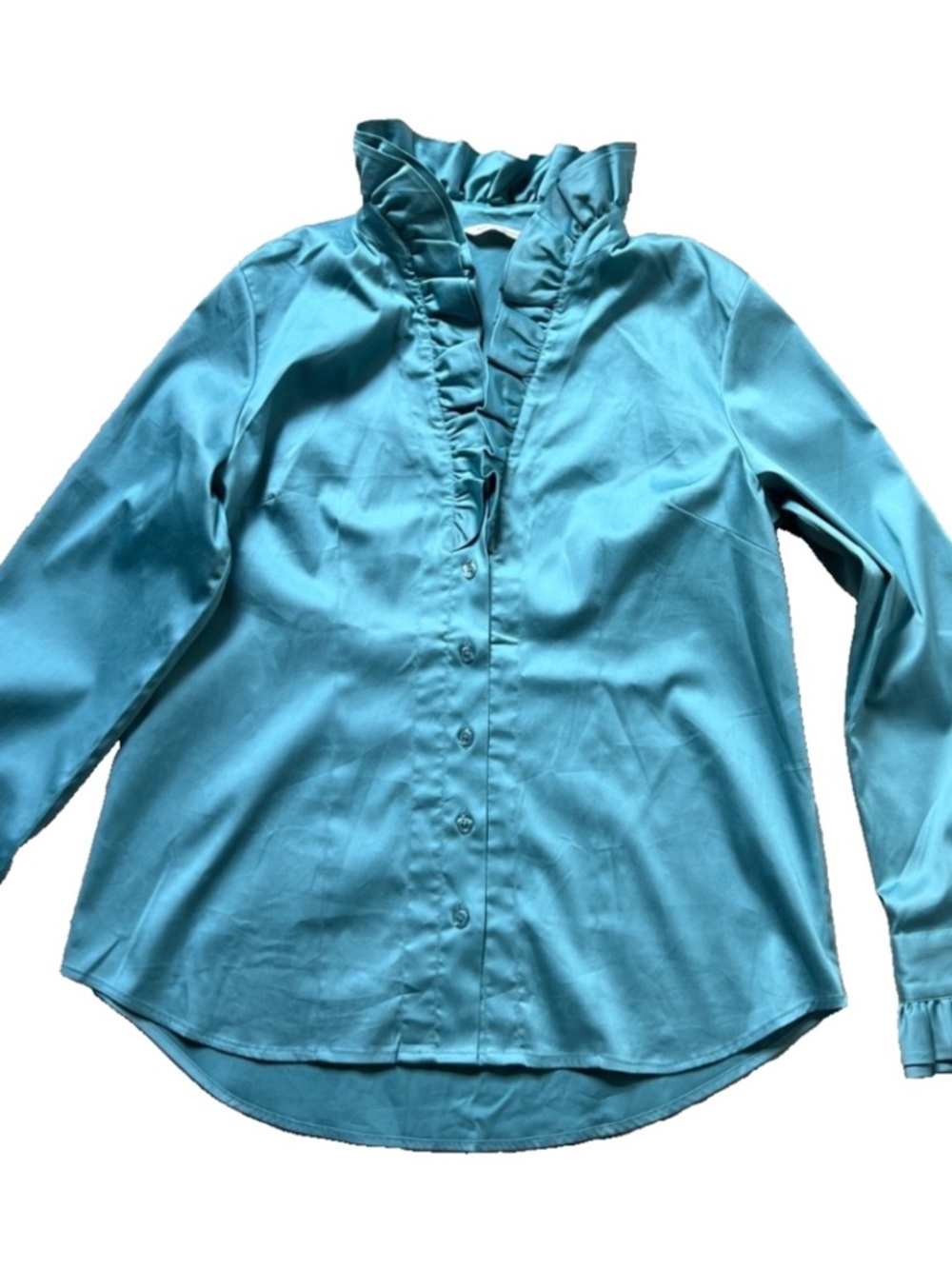Soft Surroundings Heather Blue Ruffle-Trim Button-Down Blouse XL Cotton